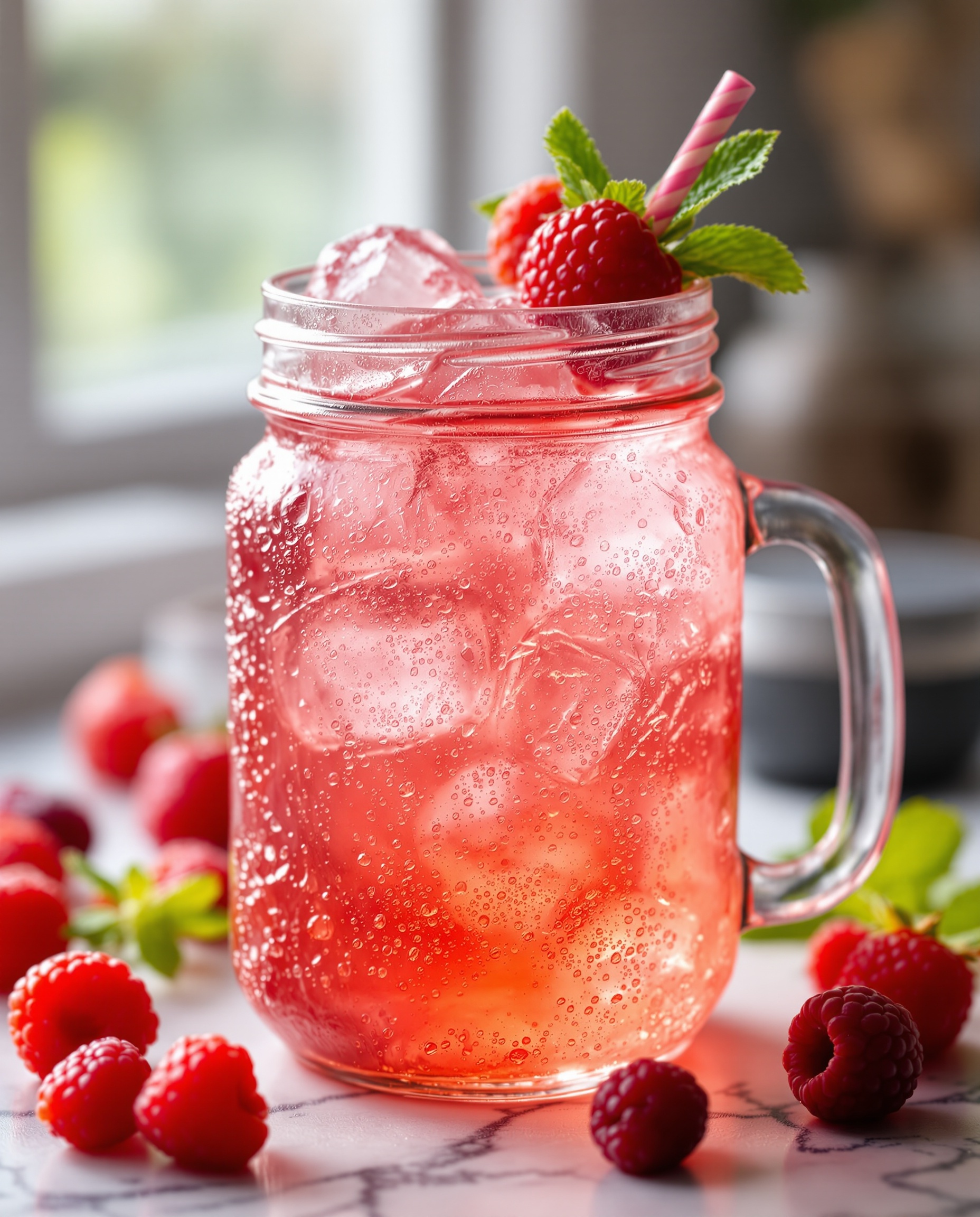 Close-up of rouge-rose ACV shrub mocktail with berries.