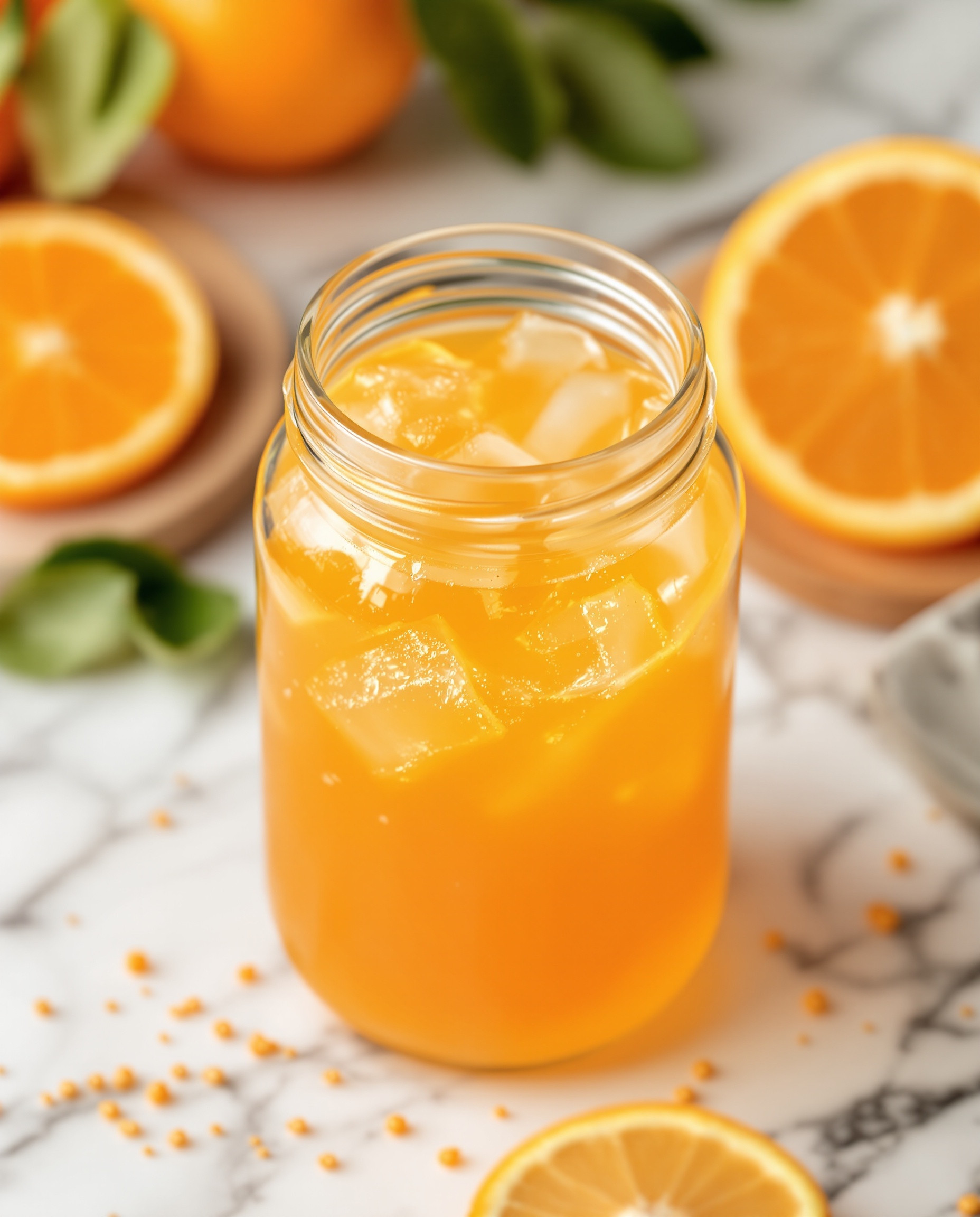Close-up of bright orange adrenal cocktail with coconut water.