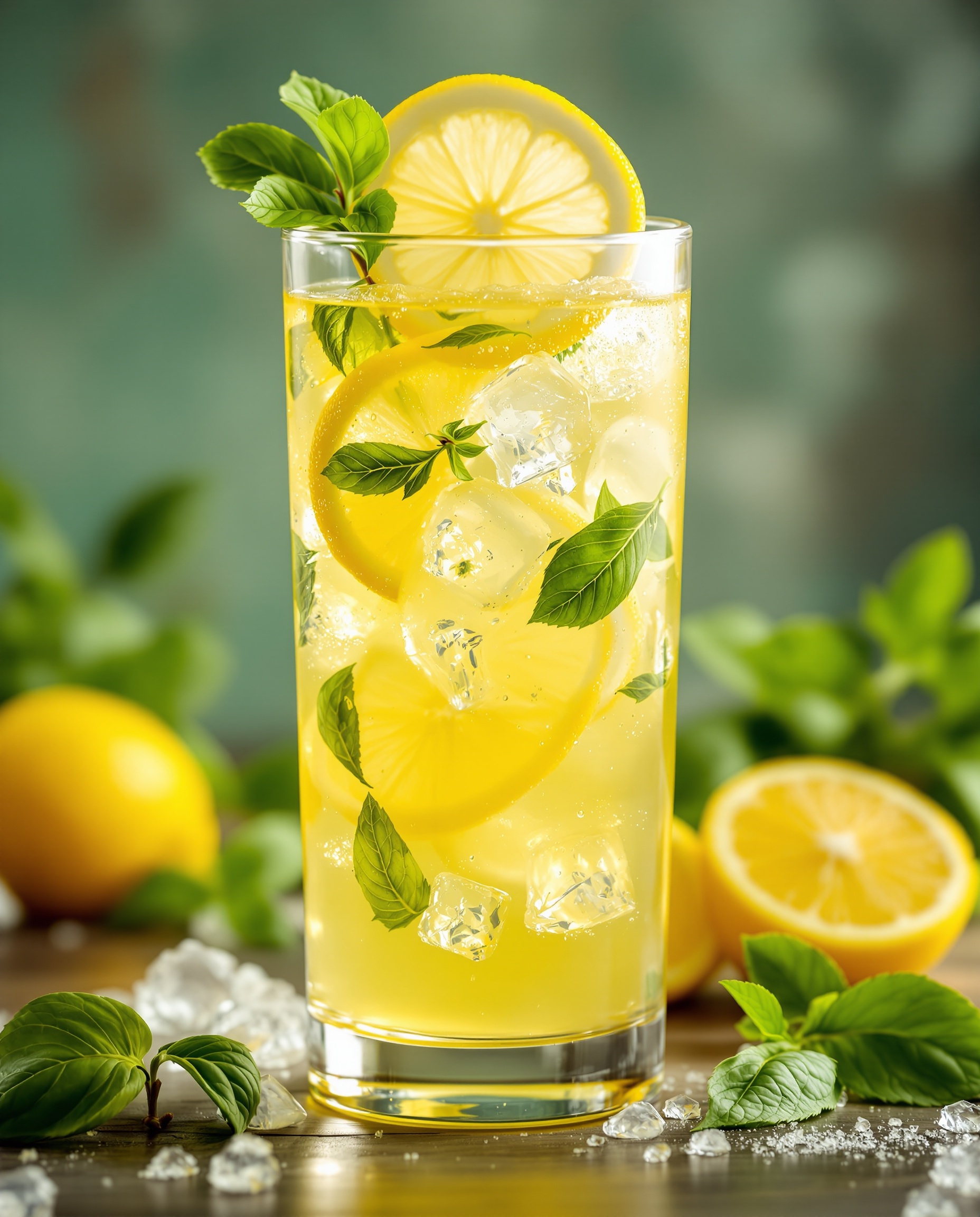 Close-up of verre Basil Lemonade Trick Recipe with lemon and basil.