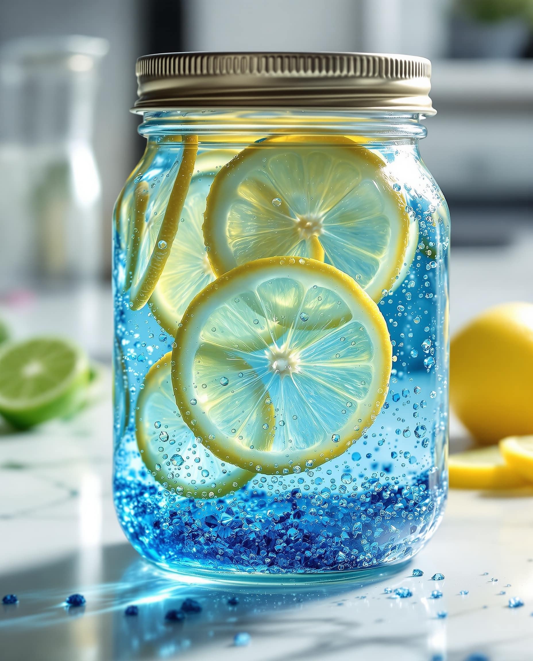 Close-up of bleu-transparent blue salt trick drink with lemon for men.