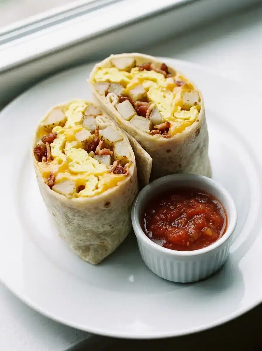 Breakfast burrito cut in half showing scrambled egg, potato cubes, bacon and melted cheddar inside a flour tortilla