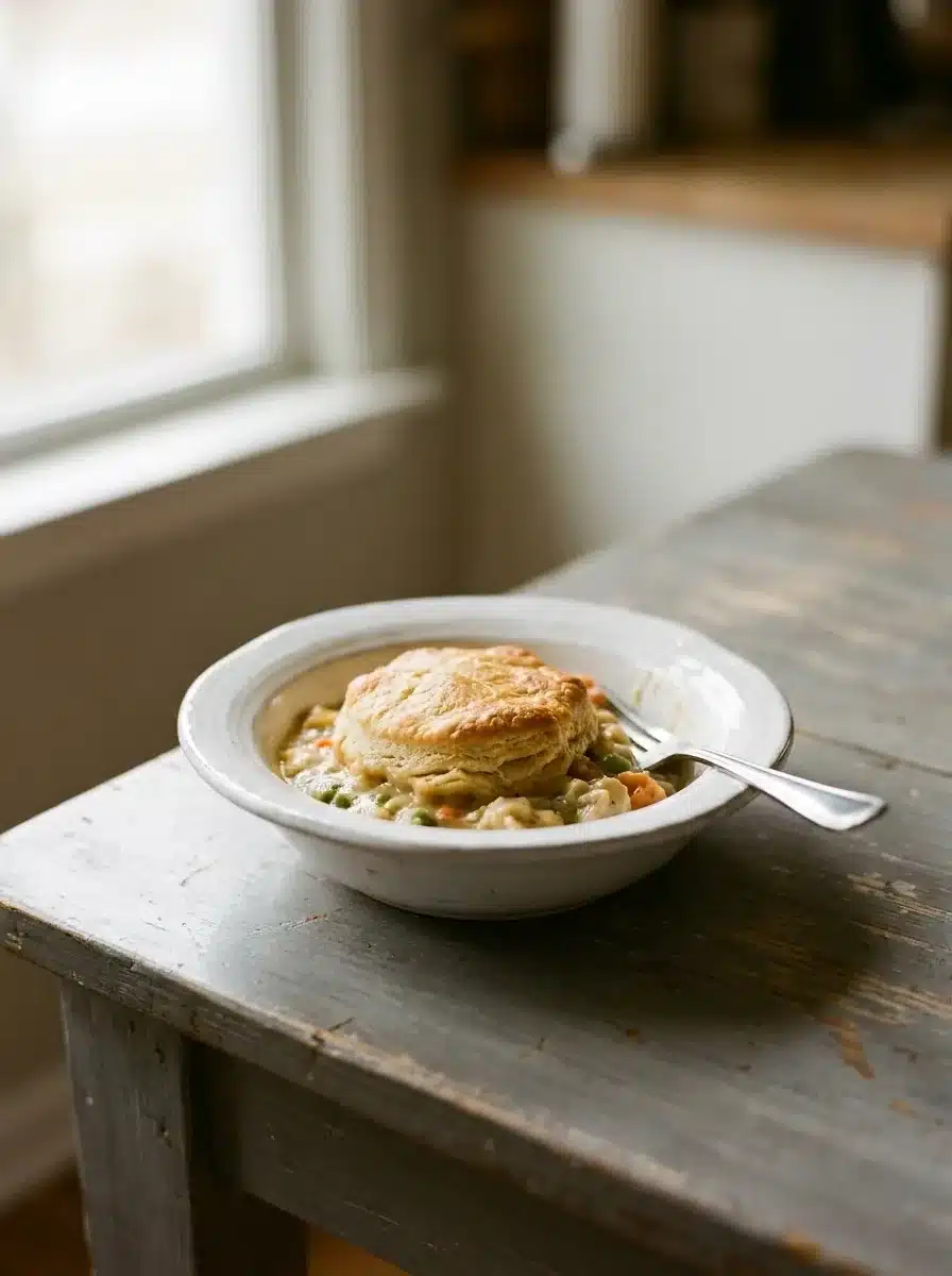 A serving of chicken cobbler on a plate showing shredded chicken, carrots and peas under a biscuit crust