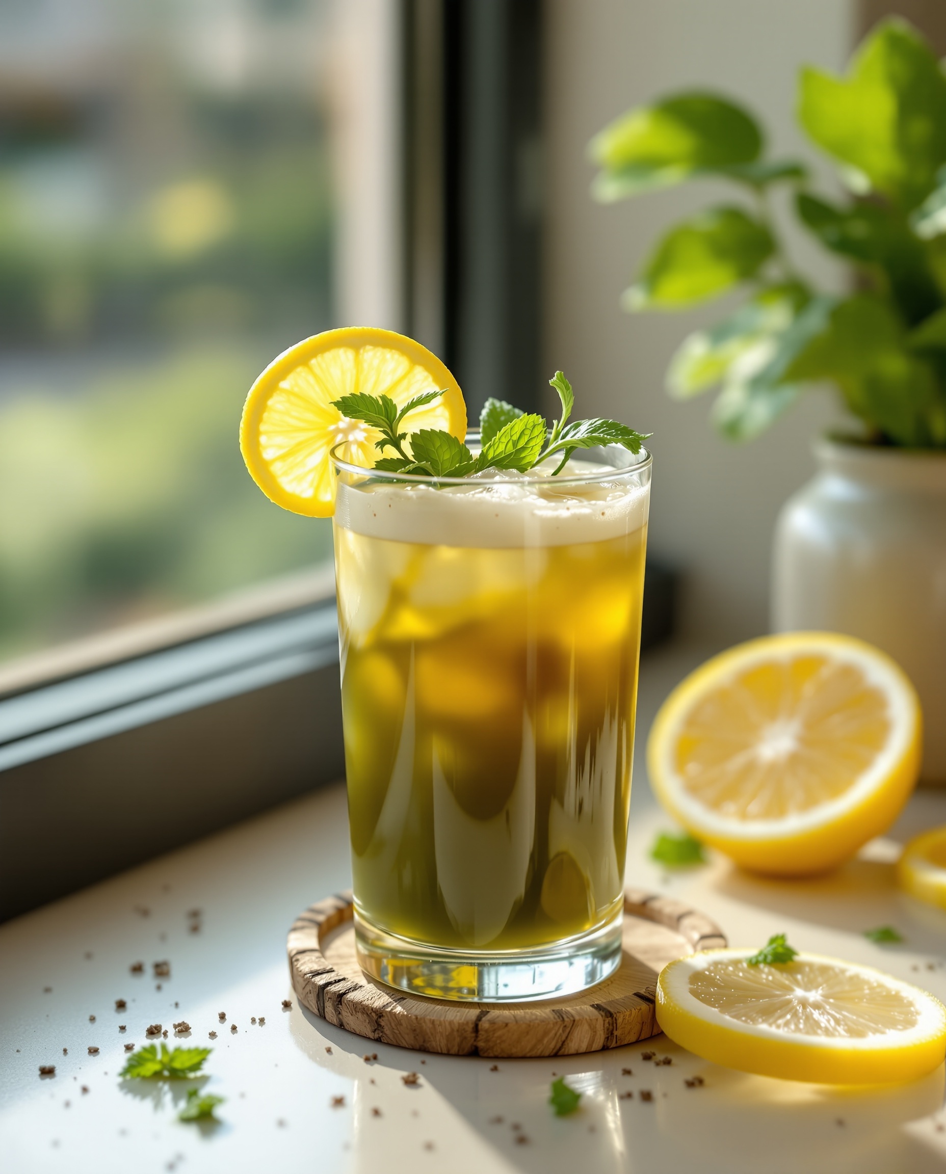 Close-up of ambre-vert cortisol belly fat drink recipe with fresh ginger.