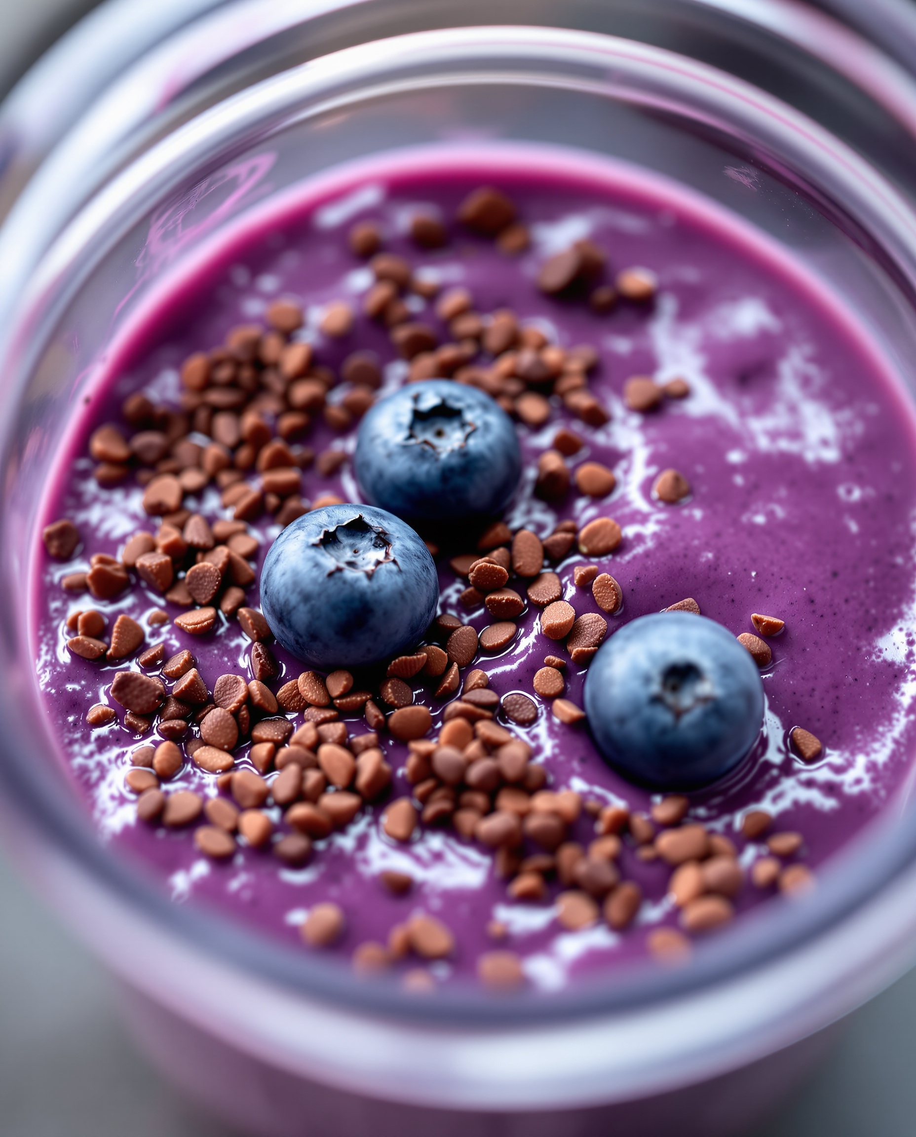 Close-up of creamy cortisol-lowering smoothie with blueberry garnish.