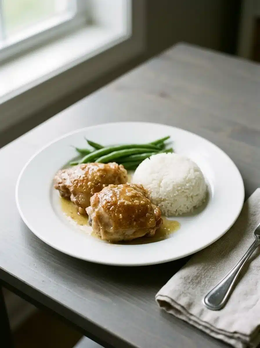 A chicken thigh with crisp skin served with spooned garlic butter sauce and a lemon wedge