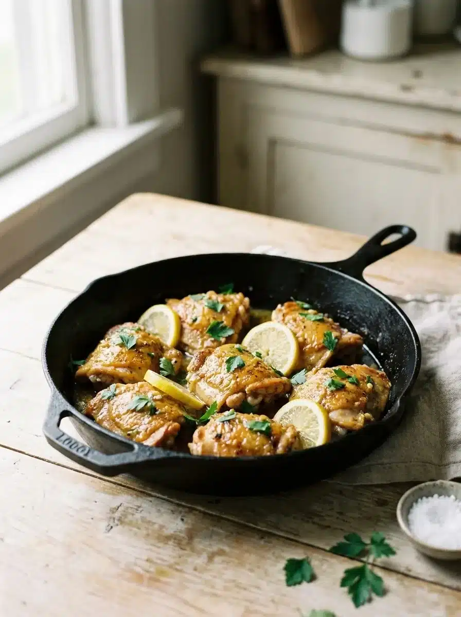 Golden-skinned chicken thighs in a cast iron pan with garlic butter lemon sauce and chopped parsley