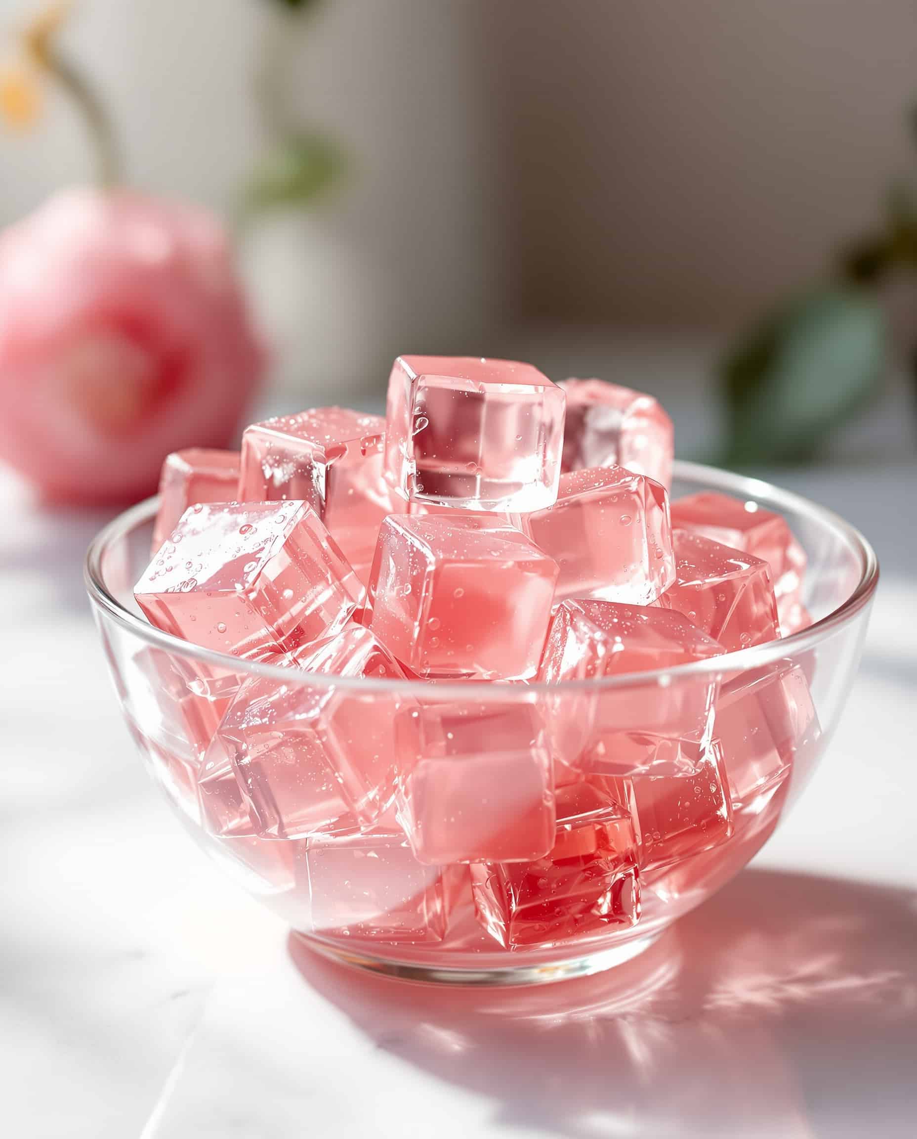 Close-up of rose-transparent Gelatide Drops, low-calorie snack.