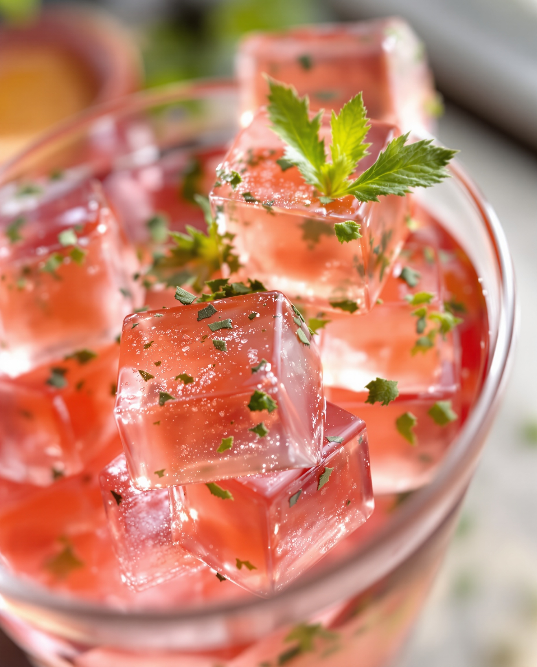 Close-up of rose-transparent gelatin cubes with herbs