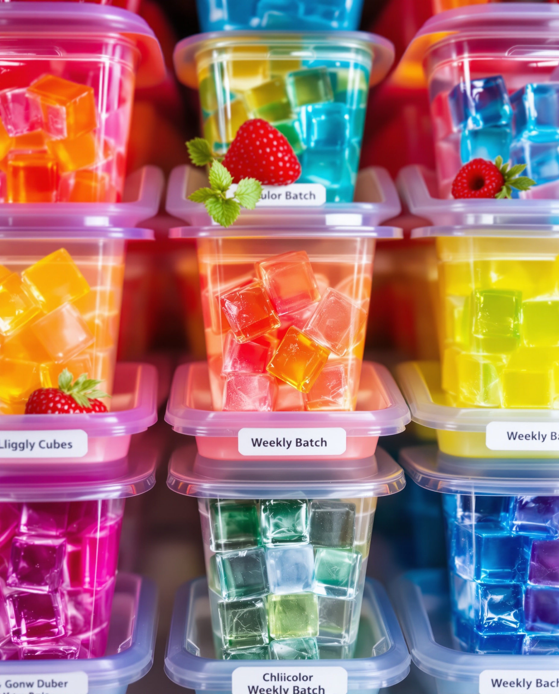 Close-up of multicolore gelatin cubes from gelatin trick 7 day plan.
