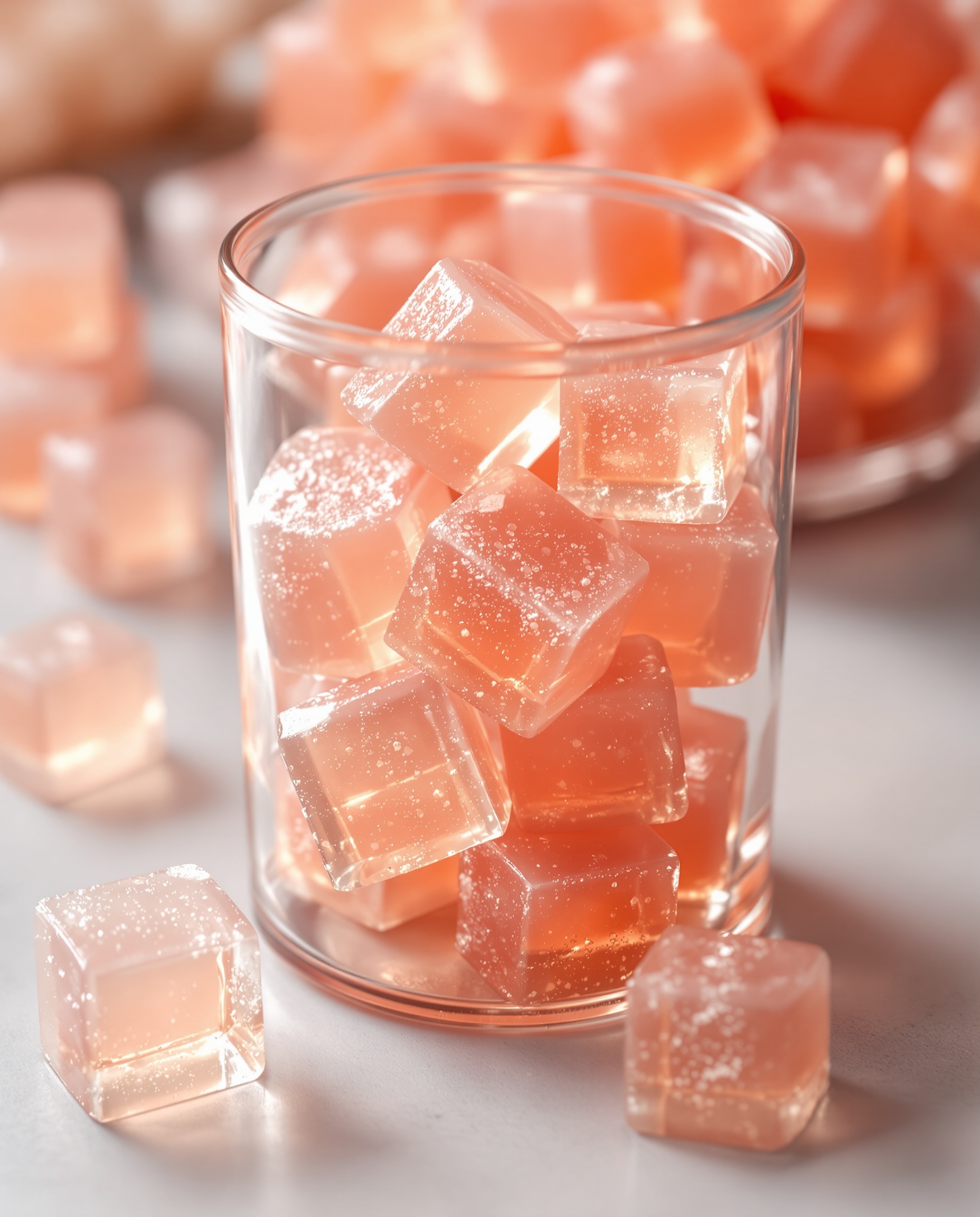 Close-up of jiggly orange-rose gelatin cubes, a smart pre-workout snack.