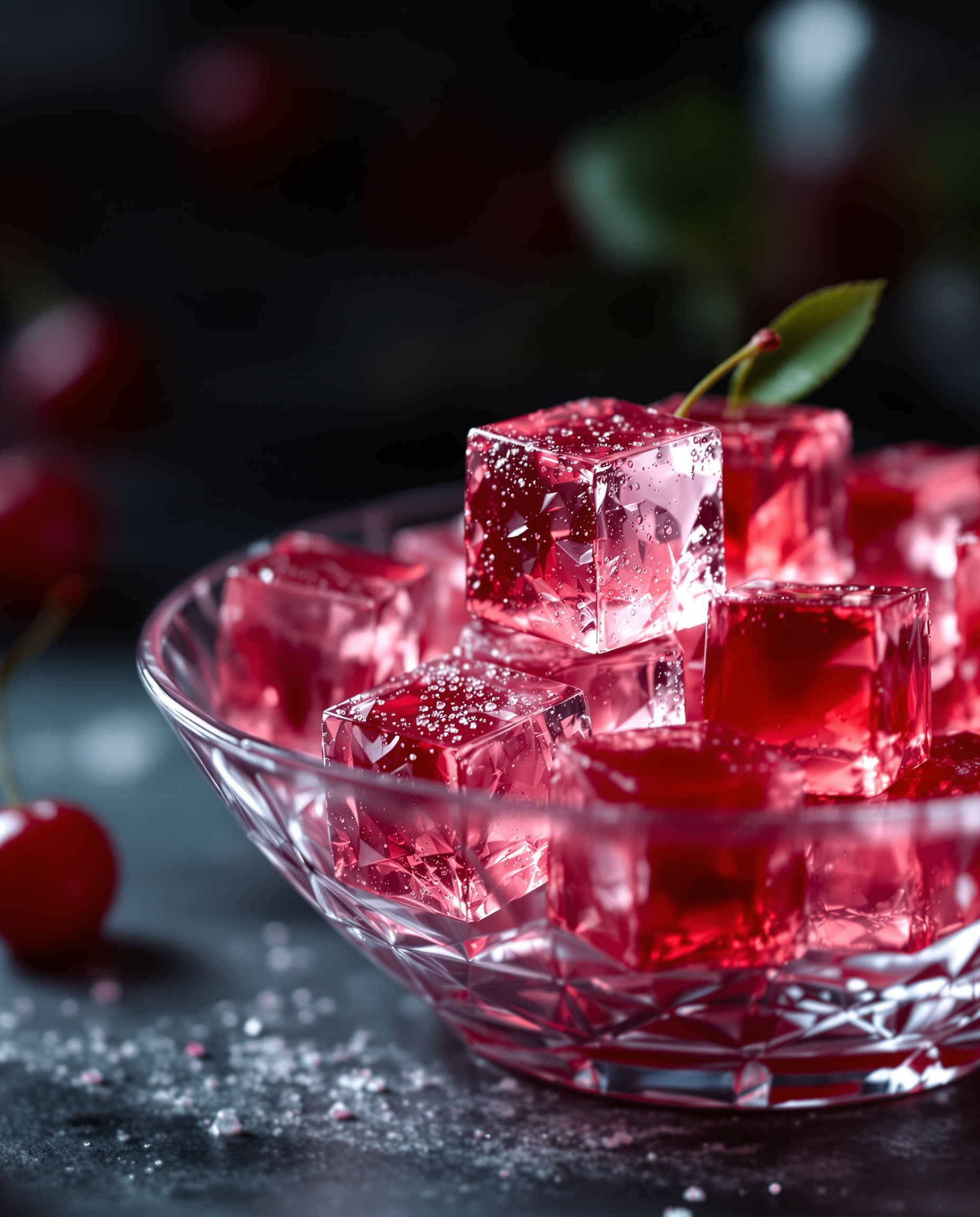 Close-up of jiggly rouge-rose tart cherry glass gelatin cubes.