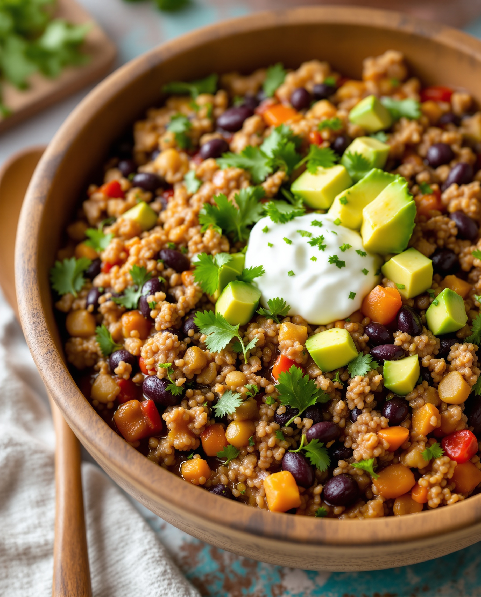 Close-up of multicolore GLP-1 friendly turkey and bean stew with cilantro and avocado.