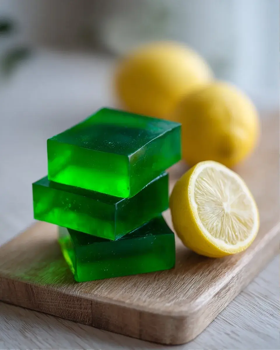 Close up of a green tea gelatin cube