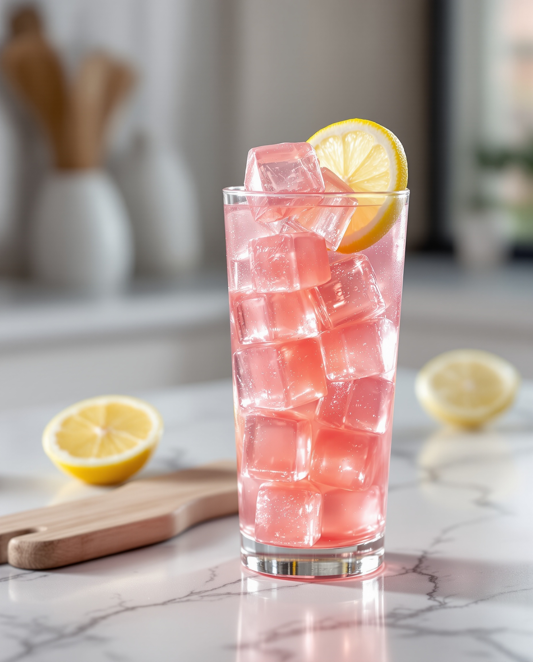 Close-up of jiggly rose-transparent Korean gelatin cubes for weight loss.