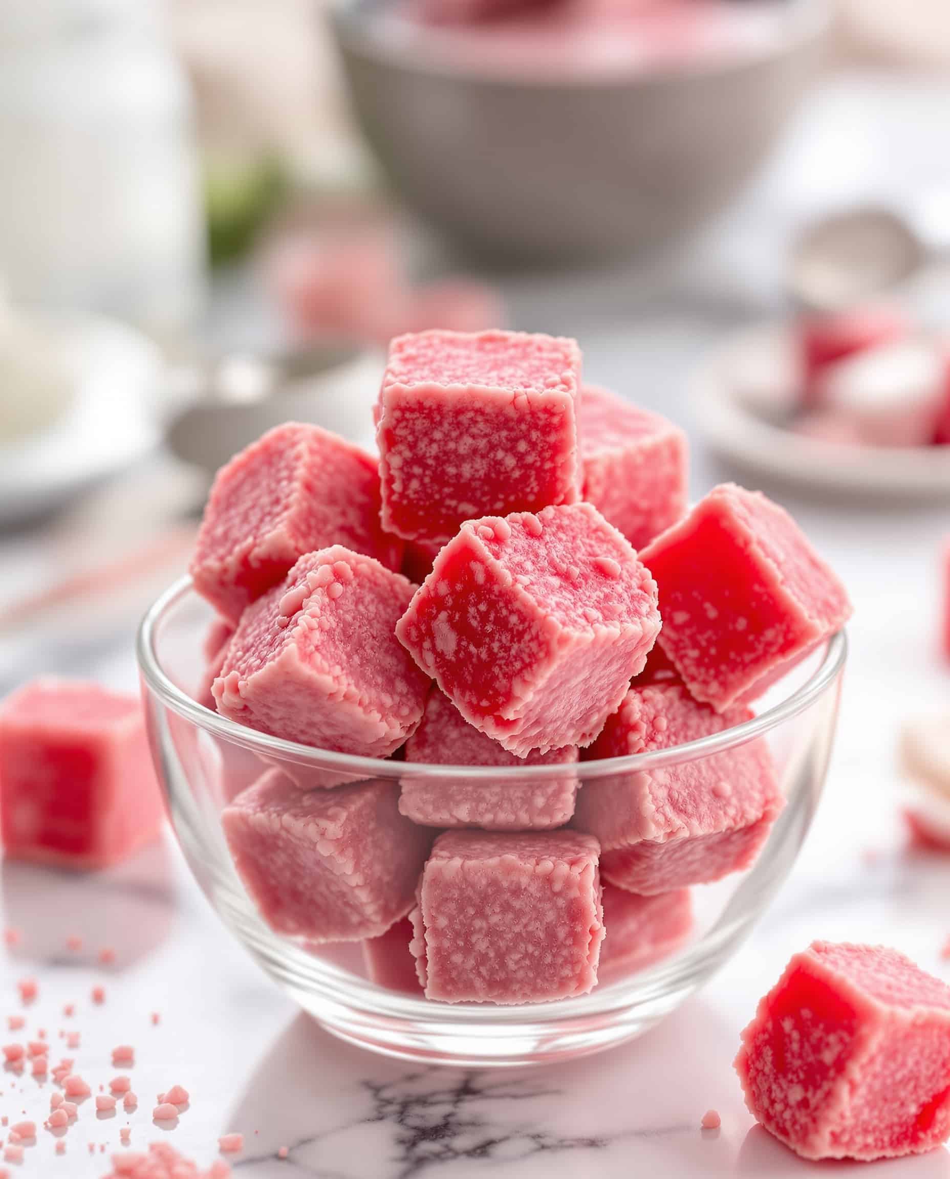 Close-up rouge-rose protein cubes with collagen