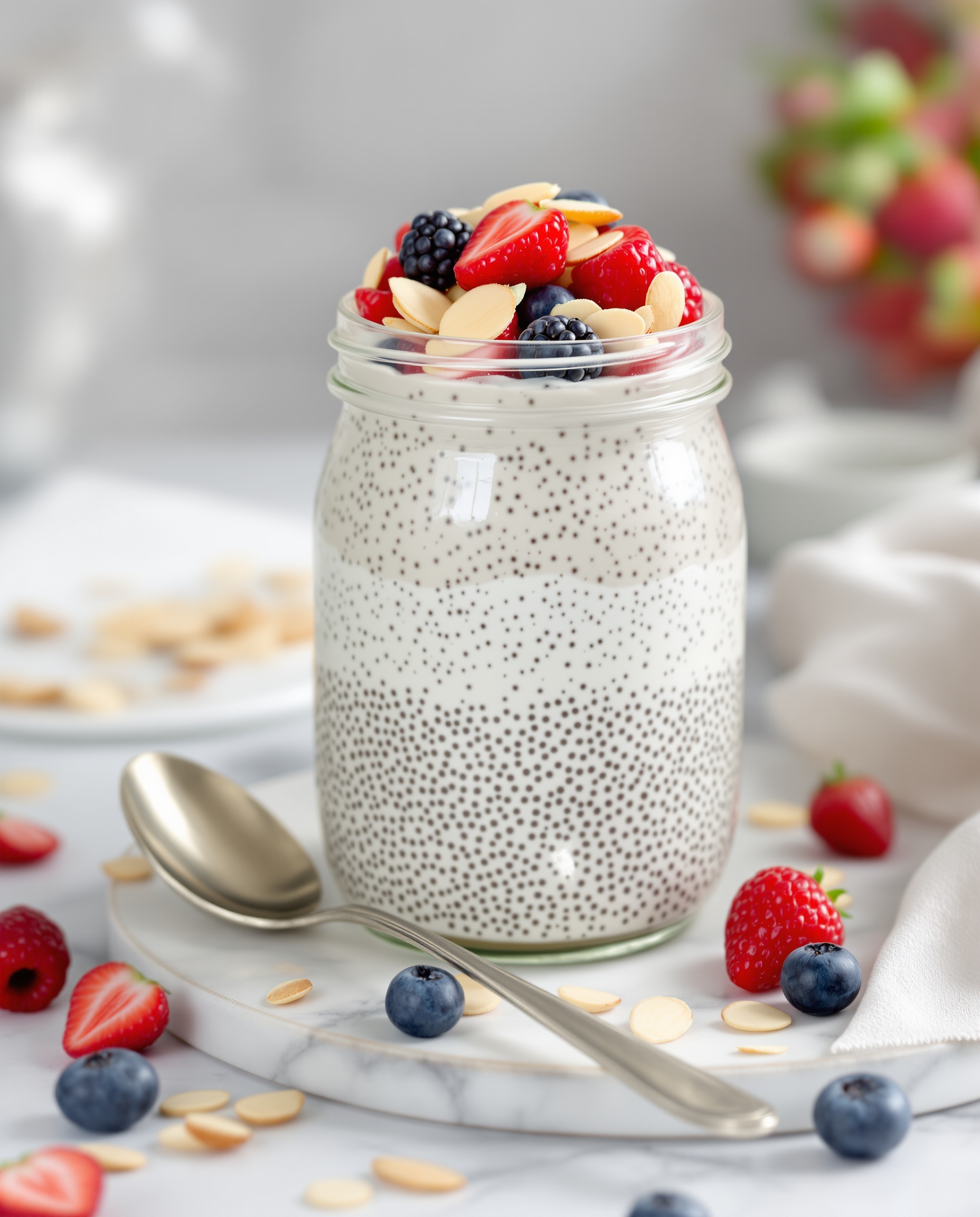 Close-up of low sugar chia pudding with berries