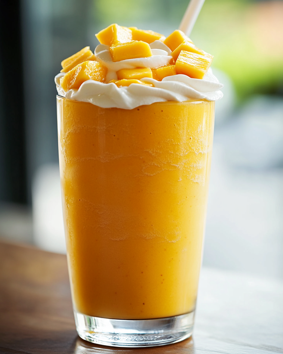 Close-up of mango smoothie texture