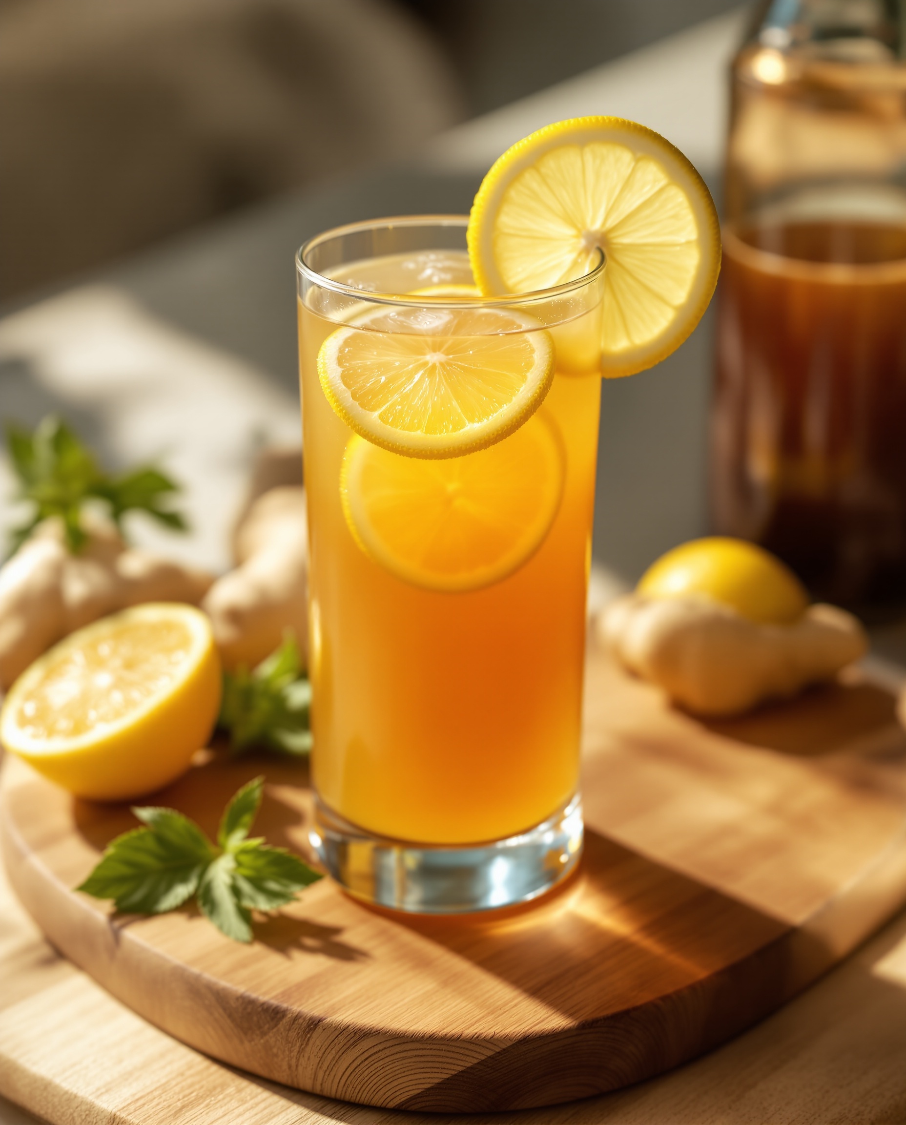 Close-up of ambre-doré metabolic reset drink with lemon and ginger.