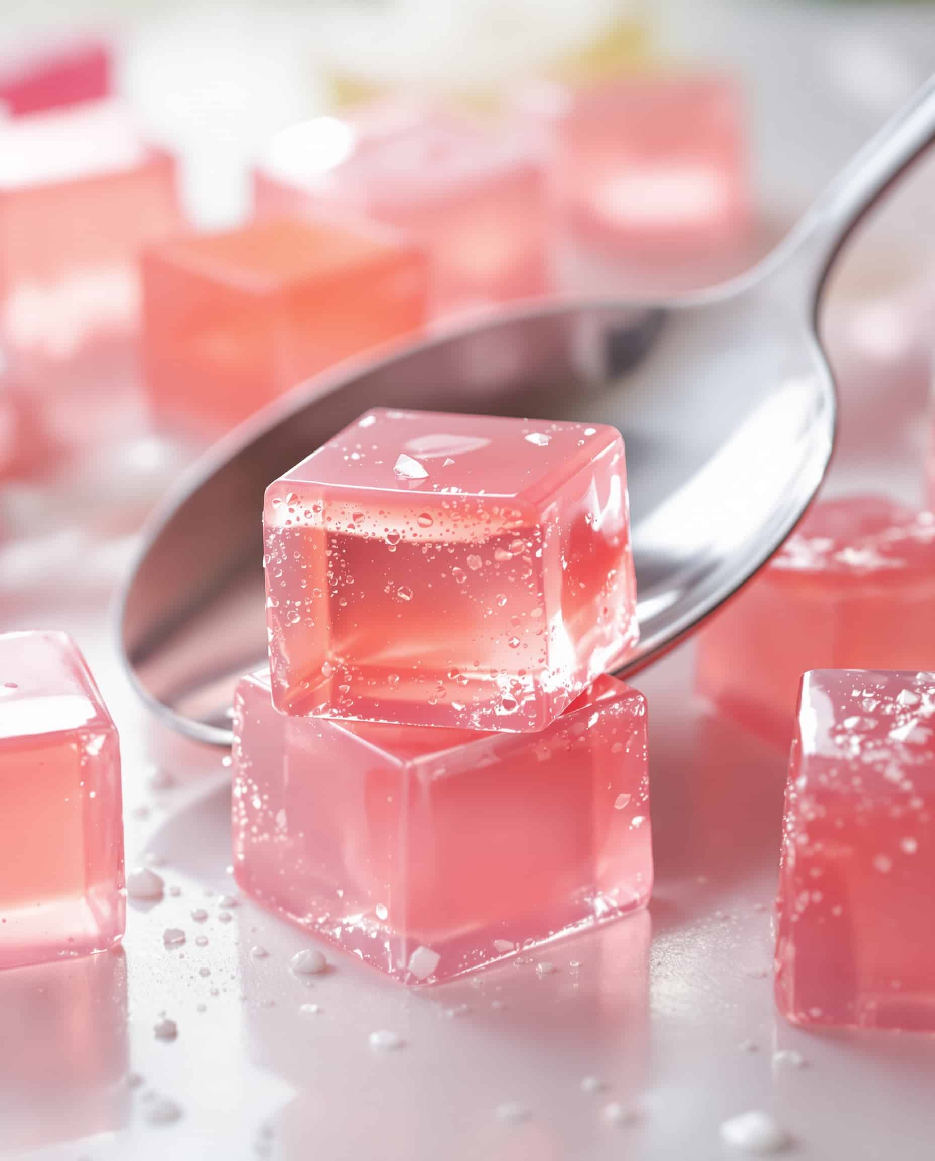 Close-up of a jiggly rose pastel Mounjaro jello cube.