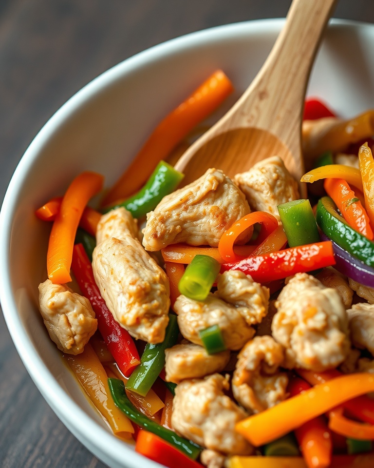 Close-up of multicolore chicken stir-fry Mounjaro recipe.
