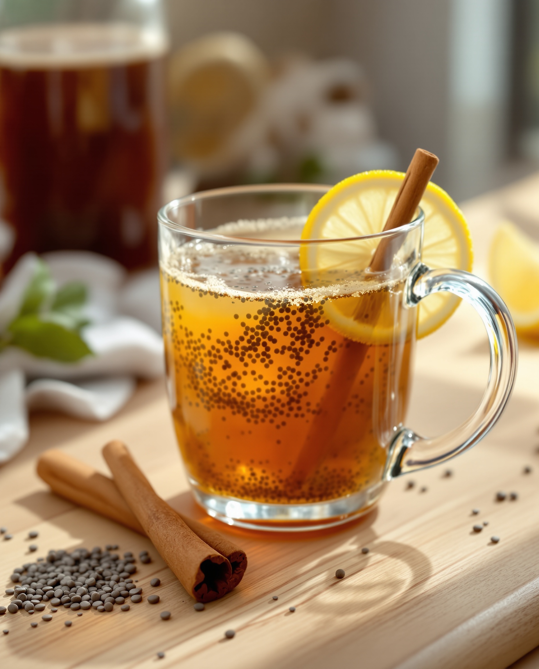 Close-up of ambre-doré natural ozempic drink recipe with chia seeds