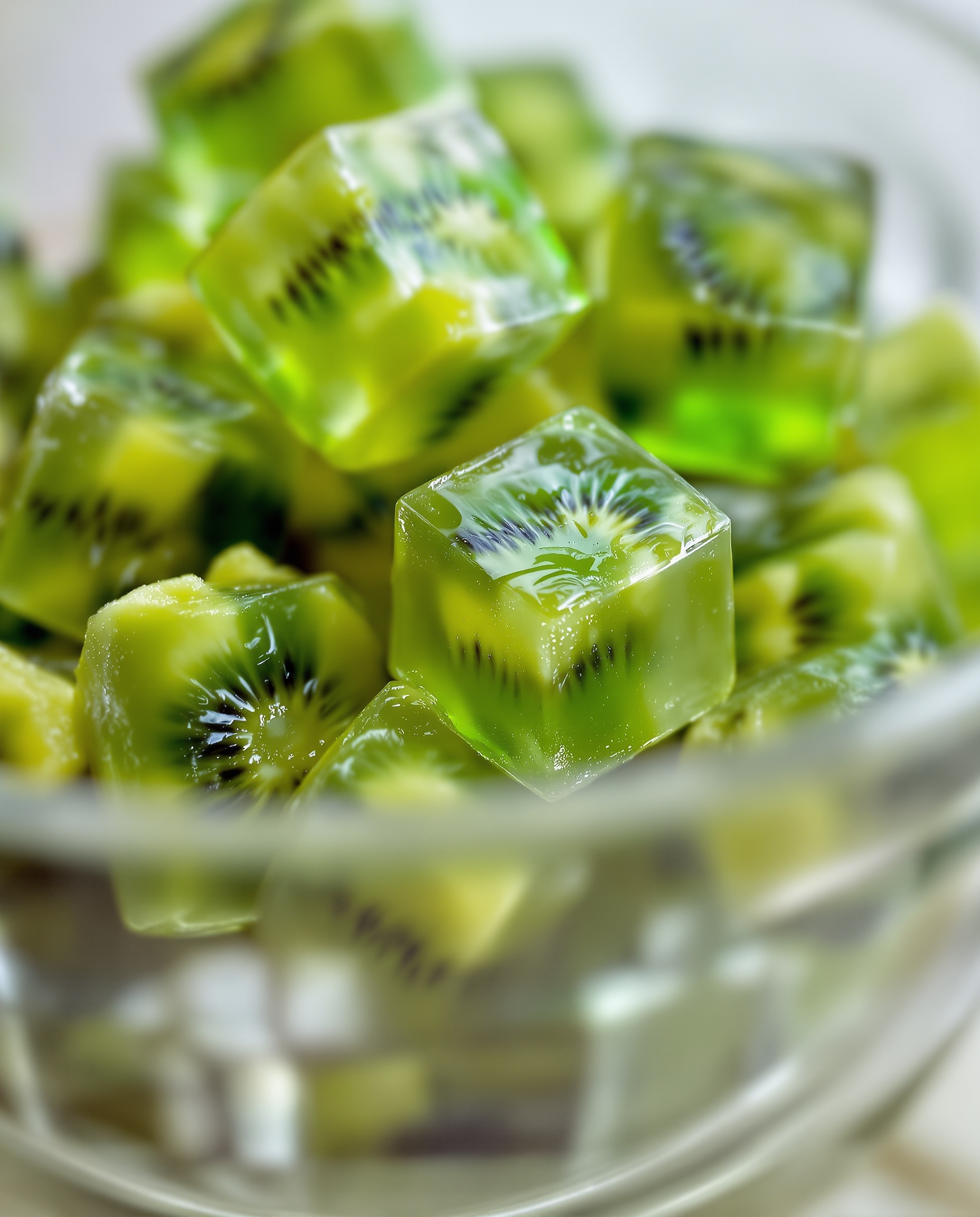 Close-up of cubes colored natural tirzepatide gelatin with kiwi.