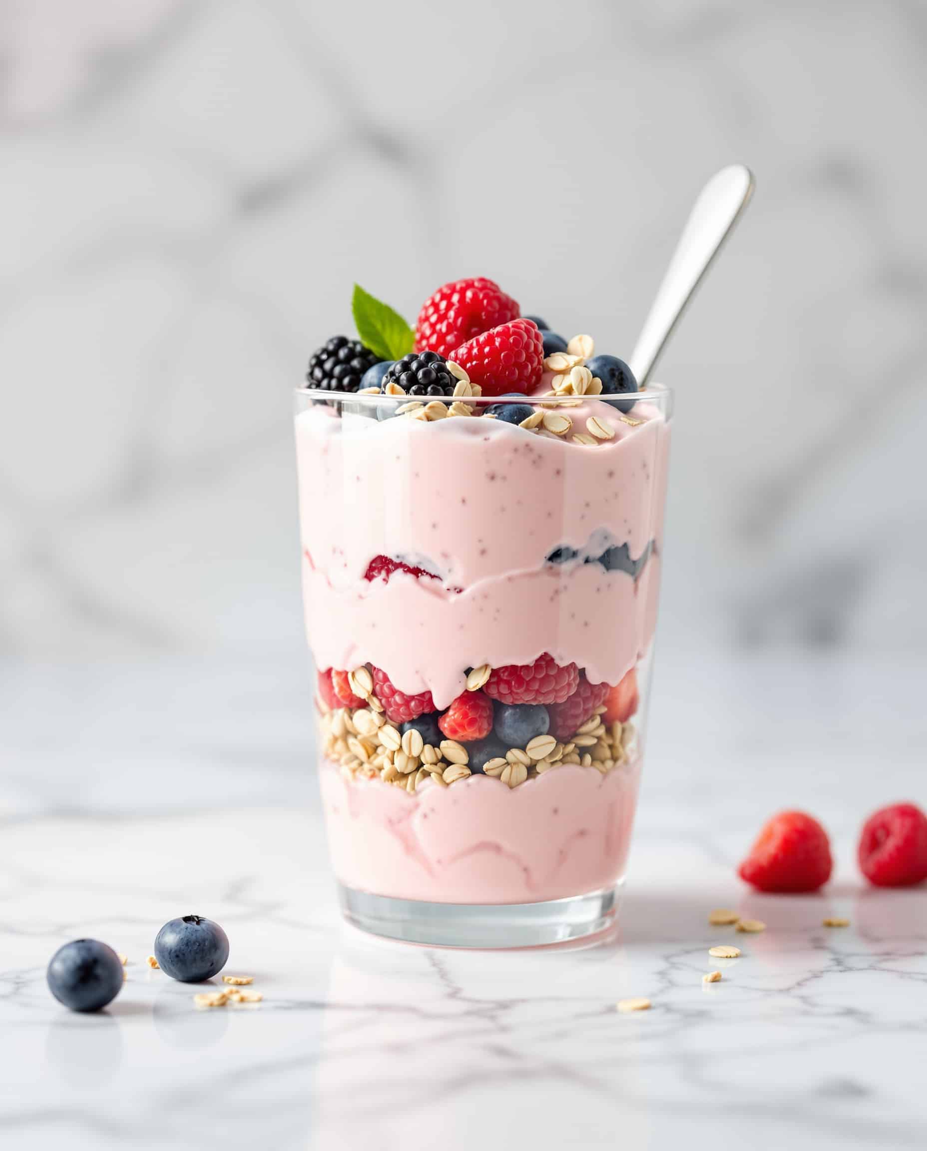 Close-up of rose pastel natural tirzepatide recipe parfait.