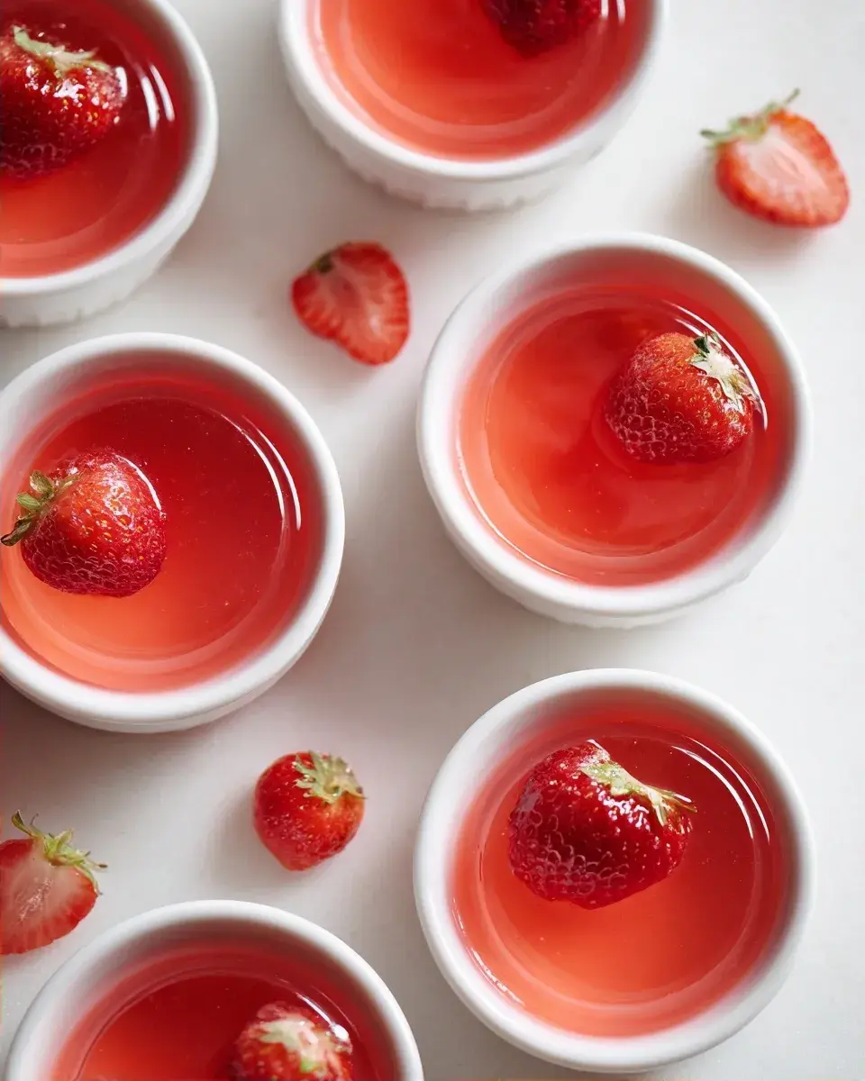 Extreme close-up of the smooth, clear surface of pink gelatin in a glass cup.