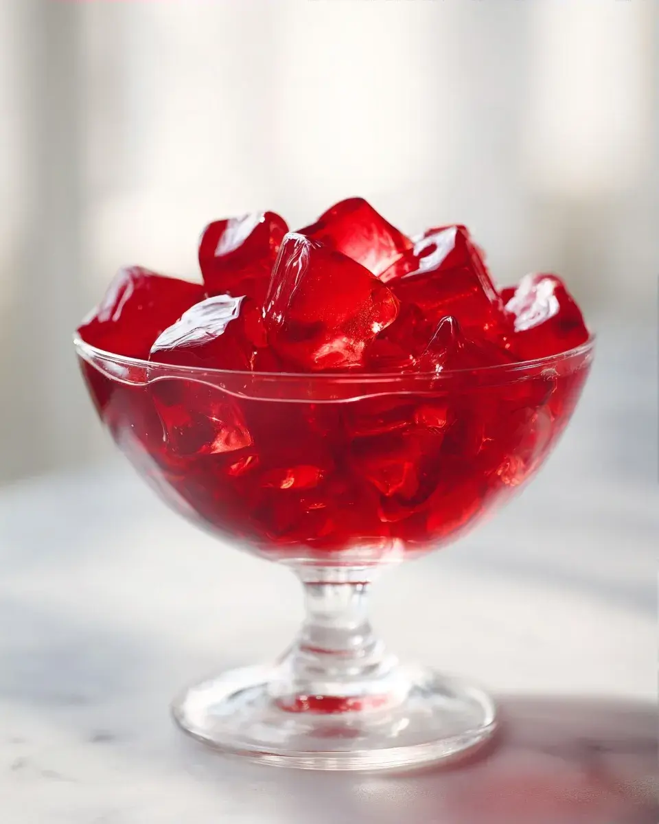 Close-up of the smooth, translucent surface of red berry gelatin.