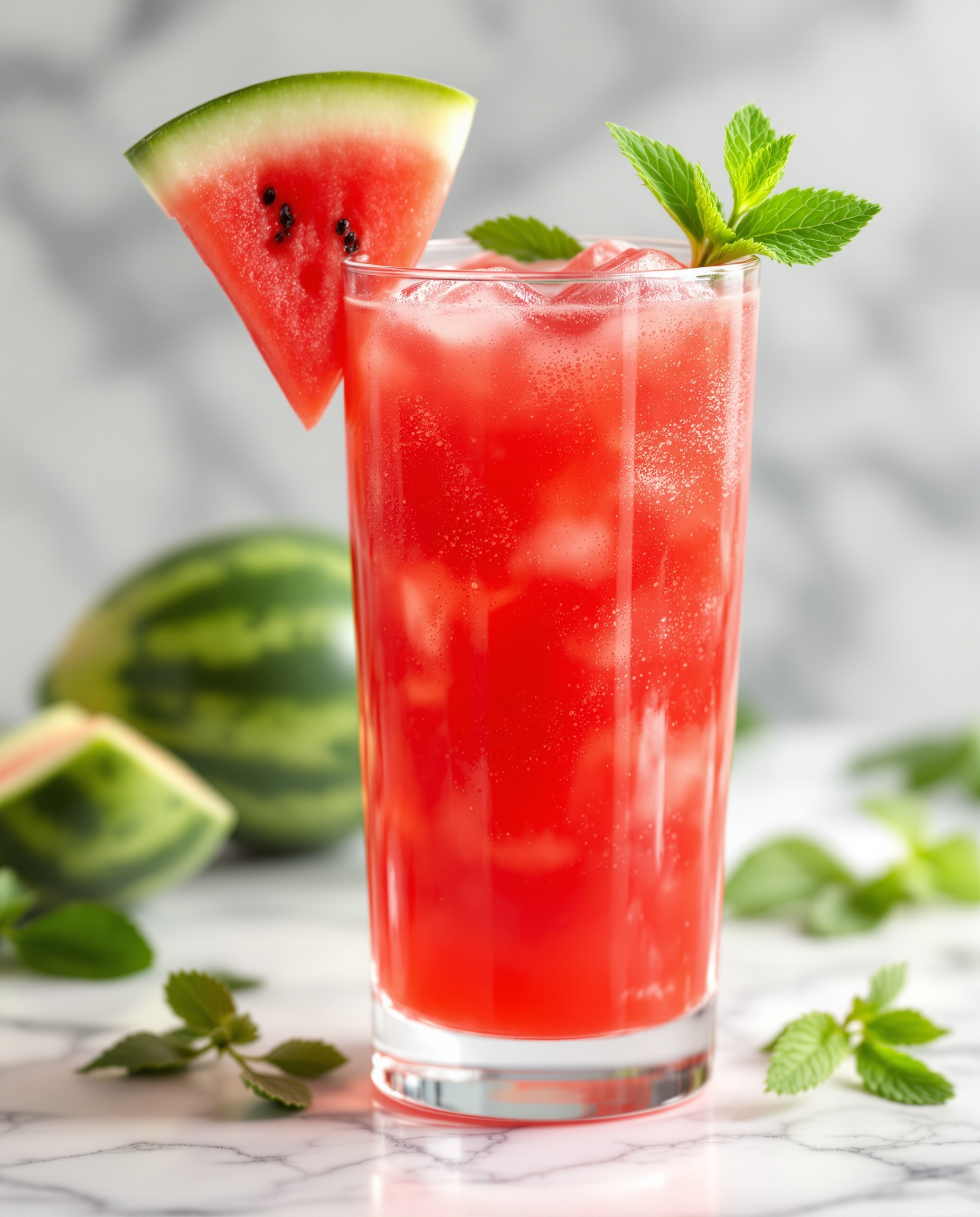 Close-up of rouge-vert watermelon anti-inflammatory juice in a wedge glass.